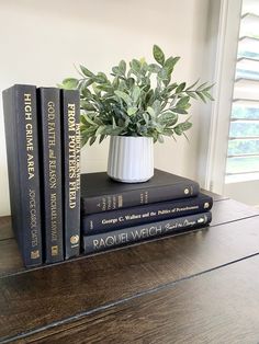 two books are stacked on top of each other with a plant in the middle one