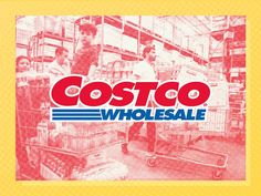 an advertisement for costo whole sale with two men in the background and one man pushing a cart