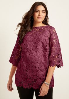 All-over lace, a boatneck design and three-quarter sleeves add just the right amount of romance. A-line silhouette. Unlined.  Back-button Top Designs For Women, Goddess Bras, Lace Blouses, High Waisted Swim Bottoms, Flare Top, Blouse Tank Top, Womens Scrubs, Ladies Of London, Petite Tops