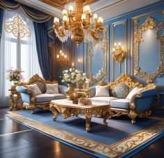 an ornate living room with blue walls and gold trimmings, chandelier and couches