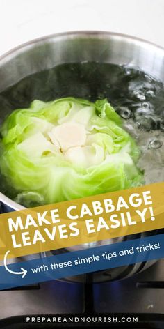 cabbage leaves being cooked in a pot on the stove with text overlay that reads make cabbage leaves easily