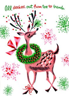 a drawing of a deer with a wreath on its antlers