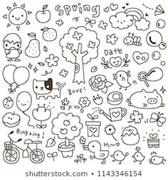 a bunch of doodles that are drawn in black and white with the words spring on them