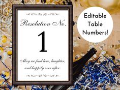 a table number is surrounded by confetti and streamers with the words, resolution no 1