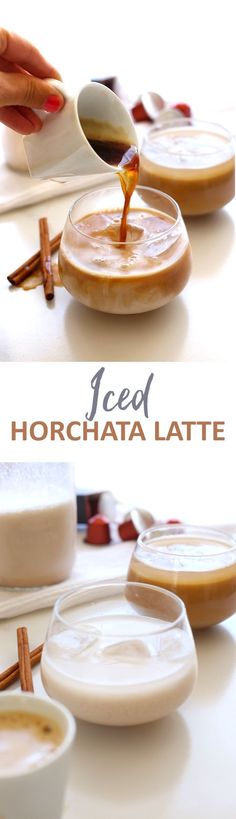 the process of making iced horchata latte is shown in three different stages