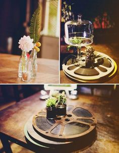 three different views of a table with flowers in vases and film reel on it