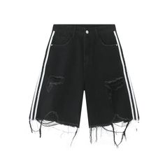 These shorts are the perfect addition to your summer wardrobe. Crafted from lightweight denim fabric, they feature a classic ripped design and unisex fit. The distressed detailing and side stripes add a stylish touch, while the raw hemline gives them a cool, edgy look. Shorts Design Ideas, Men Summer Streetwear, Black Jeans Shorts, Shorts Design, Summer Shorts Denim, Y2k Shorts, Ripped Denim Shorts, Shorts Fashion, Black Jean Shorts