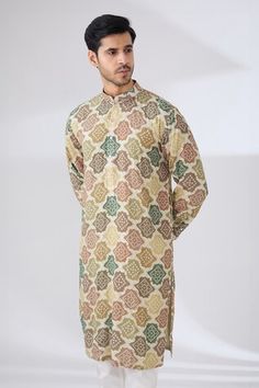 Multicolored green bandhani kurta highlighted with sequin embroidery. Paired with a cotton silk pant. - Aza Fashions Bandhani Kurta, Silk Pant, Men Kurta, Sequin Embroidery, Silk Pants, Sequins Embroidery, Band Collar, Pant Set, Cotton Silk