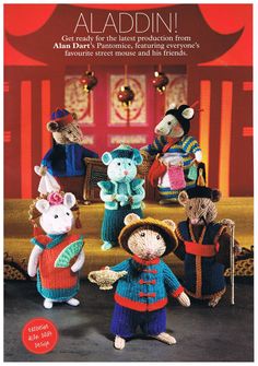 an advertisement for the new year's toys featuring mice in costumes and hats, standing next to each other