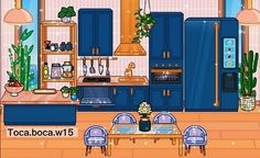 a cartoon kitchen with blue cabinets and chairs