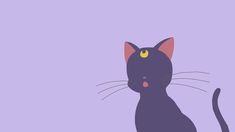 a black cat with yellow eyes sitting on top of a purple wall next to a window