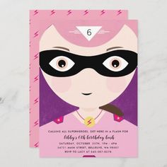 a pink birthday party card with a cartoon girl wearing a black mask and purple hair