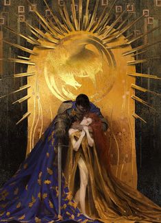 a painting of a woman hugging a man in front of a golden sun