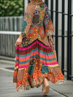 Lasaky - Long Pleated Maxi Dress with a Unique Printed Design Multicolor Printed Maxi Length Boho Dress, Multicolor Printed Maxi Boho Dress, Casual Multicolor Boho Maxi Dress, Casual Multicolor Boho Dress, Spring Multicolor Maxi Boho Dress, Multicolor Patchwork Maxi Dress For Fall, Fall Multicolor Patchwork Maxi Dress, Multicolor Pleated Long Sleeve Maxi Dress, Multicolor Long Sleeve Pleated Maxi Dress