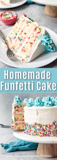 homemade funfetti cake with white frosting and sprinkles