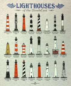 the lighthouses of the south coast are shown in this poster, which is on display at