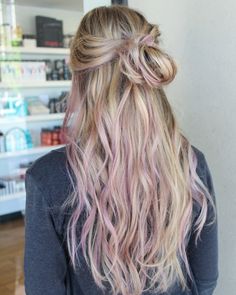 Pastel Pink Balayage Blonde, Blonde Hair And Color Dyes, Lavender Hair With Blonde, Blonde Hair With Peak A Boo Pink, Pink Balyage Blonde Hair, Peekaboo Color On Blonde Hair, Pink Babylights Blondes, Rose Highlights Blonde