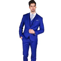 Step Into Style In This Slim Fit Vested Royal Blue Suit. It Features A 2 Button Closure, Side Vents, And A Notch Lapel. The Pants Are Slim Fit And Flat Front. Blue Slim Fit Three-piece Suit With Single Button, Blue Slim Fit Single Breasted Suit, Blue Semi-formal Set With Single Button, Blue Semi-formal Sets With Single Button, Royal Blue Suit, Blue Suit, Mens Suits, Blazer Suit, Royal Blue