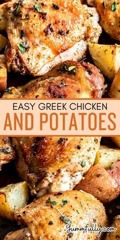 Roasted chicken and potatoes with a zesty lemon-garlic marinade—a Mediterranean dish the whole family will love! Easy Greek Chicken, Mediterranean Herbs, Roasted Chicken And Potatoes, Bone In Chicken, Chicken And Potatoes, Roasted Chicken Thighs, Mediterranean Chicken