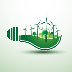 an image of a wind farm with trees and windmills in the background on a light green background