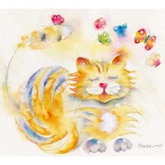 a painting of a cat sleeping next to butterflies