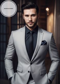 Men Grey Premium Two Button Business Meeting Suits,Men Evening Dinner 2 Piece Elegant Black Button Suits by Weddingcollectionhub on Etsy Black And Grey Groom Suit, Steel Grey Suit Men, Tie For Grey Suit, Suit Type For Men, Grey And Black Suit Men, Men Gray Suit Outfit, Evening Suit Men, Grey Suit With Black Shirt, Blazer Ideas For Men