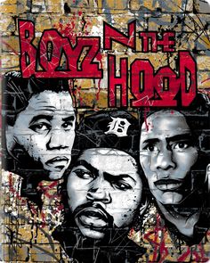 the three men are depicted on this graffiti covered piece of art that says boyz n the hood