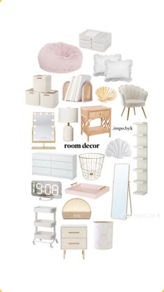 a collage of white furniture and accessories with the words room decor above it in gold