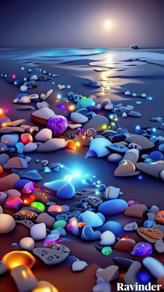 the beach is full of rocks and lights at night time, as if it were floating in the ocean