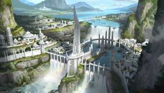 an artist's rendering of a futuristic city surrounded by mountains and rivers with waterfalls