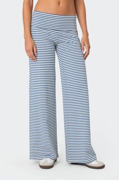 Lilah Striped Fold Over Pants Casual Wide-leg Elastane Yoga Pants, Stretch Striped High-waisted Pants, Striped Wide Leg Loungewear Bottoms, Non-stretch High Waist Capris With Elastic Waistband, Spring Wide Leg Elastane Pants For Loungewear, Stretch Pants With Wide Waistband For Loungewear, Striped Stretch Trousers, Stretch Striped Trousers, Striped Stretch Wide Leg Bottoms