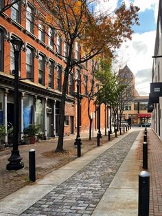 an empty street lined with brick buildings and trees in the fall time, during the day