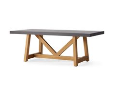 a wooden table with a black top and two crossed legs, on a white background