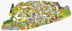 a map of the park with lots of animals and trees on it's side