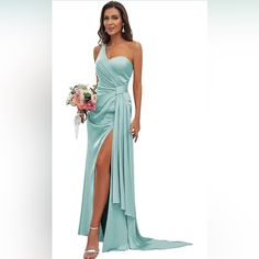 Color - Baby Blue Size Us8 Bust: 35.5"---Waist: 28.5"---Hips: 38.75" Material: Crafted From Premium Satin Fabric, This Bridesmaid Dress Offers A Luxurious And Elegant Feel. The Smooth And Soft Texture Of The Satin Enhances The Overall Look And Comfort Of The Dress. One-Shoulder Design: The Dress Features A Single Shoulder Strap, Adding A Modern And Chic Touch To The Design. This Unique Style Accentuates The Neckline And Creates A Sophisticated And Fashionable Look.Pleated Details: Delicate Pleat Light Blue Banquet Dress With Sweep Train, Light Blue Satin Dress For Banquet, Fitted Light Blue Dress With Sweep Train, Fitted Light Blue Bridesmaid Dress For Wedding, Light Blue Bridesmaid Dress With Sweep Train, Fitted Light Blue Dress For Banquet, Fitted Light Blue Maxi Dress For Wedding, Light Blue Fitted Dress For Banquet, Fitted Blue Bridesmaid Dress For Banquet