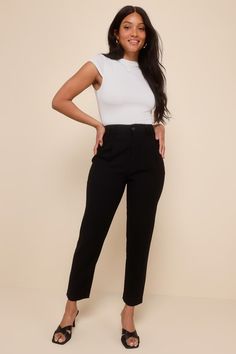 Per our last email, the Lulus Strictly Business Black High-Waisted Trouser Pants are highly recommended for all boss babes! Lightweight woven twill creates a high waist (with a bit of elastic at the back), belt loops, and a brown marbled top button with a hidden zip fly. Pleated accents detail relaxed pant legs, with two diagonal pockets, that taper to ankle-length hems. Twin patch pockets at back. Fit: This garment fits true to size. Length: Ankle length. Size medium Inseam: 28.25 Front Rise: 1 Black Pants Business Casual Outfits, Black Tapered Leg Business Pants, Black High-waisted Modern Dress Pants, Tailored High-waisted Black Work Pants, Chic Office Outfit Young Professional, Versatile Black High-waisted Dress Pants, Sleek Black High-waisted Dress Pants, Buisness Attire, Business Casual Womens Fashion