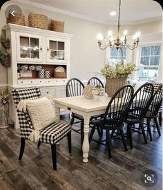 a dining room table and chairs with black and white checkered cushions