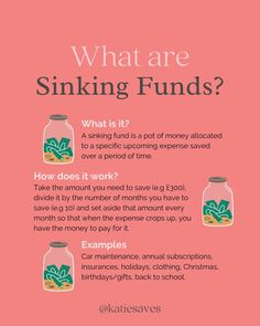 a pink poster with an image of what are sinking funds? and other things to do