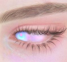 an eye with blue and pink light coming out of it's irise area