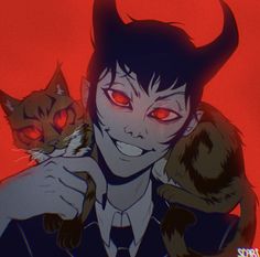 an anime character holding a cat with red eyes and demon horns on his head, in front of a red background