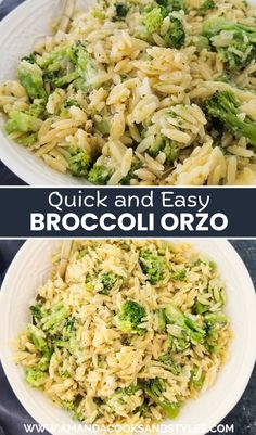 broccoli and rice in a white bowl with the words quick and easy broccoli orzo