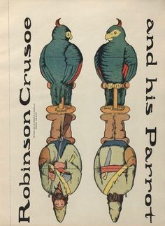 an old book with two parrots on top of each other