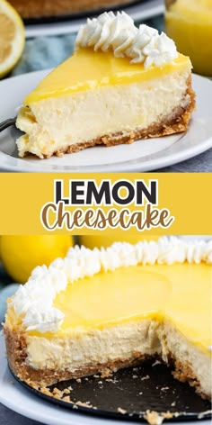 lemon cheesecake on a white plate with a slice missing