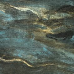 an abstract painting with gold and blue colors on the top right side of the image