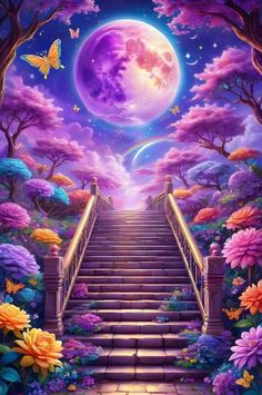 stairs leading up to a purple moon filled sky with flowers and butterflies in the foreground