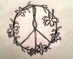 a peace sign with flowers and vines in the center on a white paper background that is drawn by hand