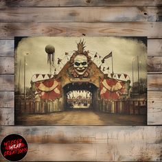 a wooden wall with a painting of a clown on it's face in front of an entrance