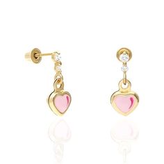 Style: pink Product Category: Earrings Body Area: Ear Occasion: Any Theme: Love & Hearts Shape: Heart For: Kids Metal: Yellow Gold Metal Purity: 14K Base Metal: Yellow Gold, 14k Finish: Enamel Width (mm): 6 Height (mm): 14 Earring Type: Drop/Dangle, Stud Earring Backing: Screw Back Stone Type: Zirconia Stone Fancy Color: White Carat Total Weight (ctw): 0.10 Stone Creation: Simulated Stone Cut: Round Stone Grade: Ideal Warehouse: BMD Stone Setting: Prong Brand: WJD Exclusives Gemstone: Zirconia C Gold Jewelry Earrings, Europe Fashion, Love Hearts, Stone Setting, Style Pink, Fancy Jewelry, Heart For Kids, Earring Type, Stone Cuts