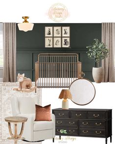 a baby's room with green walls and furniture