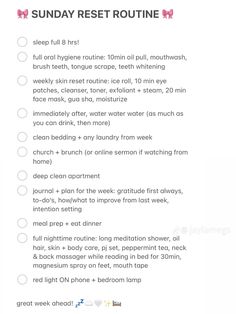 pc: jaylamegs checklist to reset your sunday Maintenance Routine List, Sunday Reset Routine List, Reset Routine Checklist, Womens Mental Health, Sunday Reset Routine, Health For Women, Petty Revenge, Sunday Reset, Sunday Routine